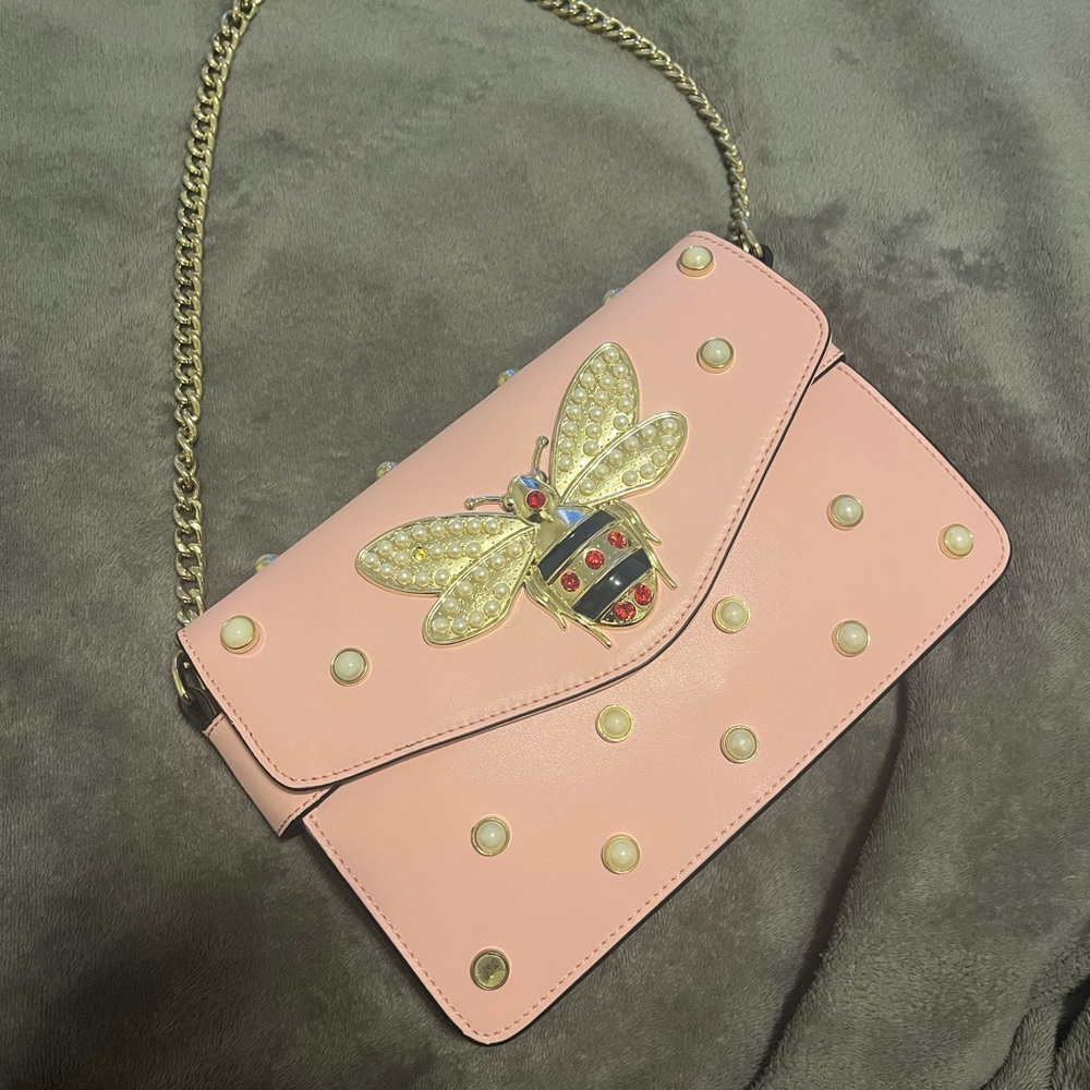 Pink Designer Bee Embellished Shoulder Bag